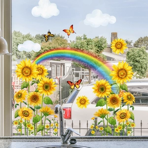 Double-sided window stickers featuring sunflowers, rainbows, and butterflies for glass decor