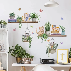 Cartoon cat wall stickers with potted plants and butterflies for home wall decor