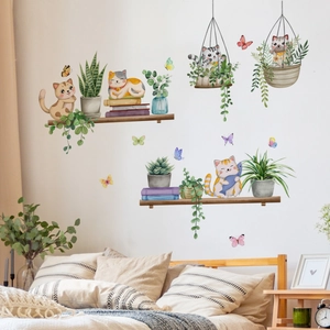 Bedroom wall decor featuring watercolor cats, potted plants and butterflies stickers