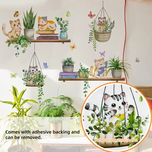 Close-up of watercolor cat and potted plant wall stickers showing adhesive texture