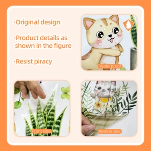 Detail of waterproof PVC stickers showing cartoon cat and green plant patterns