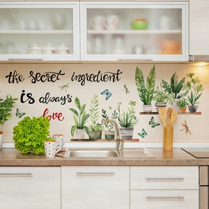 Vinilos decorativos de plantas verdes mariposas y frase artística para decoración de cocina