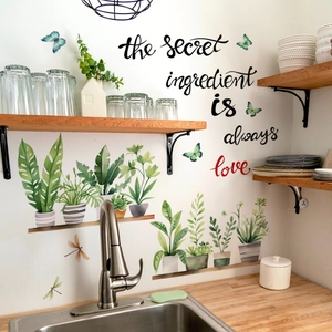 Pegatinas de Pared de Plantas en Maceta de Acuarela PVC Mariposa Pájaro Para Cocina Comedor Decoración del Hogar Arte
