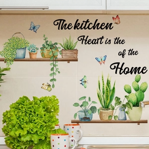 Pegatinas de pared de plantas verdes y mariposas para decoración de cocina con frase