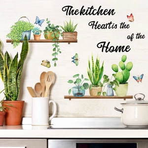 Pegatinas de pared de plantas verdes y mariposas para decoración de cocina y hogar