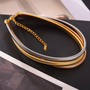 Three-tone triple layered flat snake chain necklace in 18K gold, silver and rose gold finishes