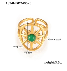 Detail view of titanium steel starburst ring featuring turquoise stone and size dimensions