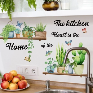 Vinilos decorativos de cocina con plantas en maceta de acuarela y mariposas