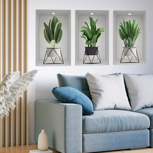 Three-piece 3D wall stickers featuring green potted plants in modern white niches