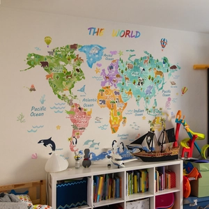 Adesivo murale mappa del mondo con animali per cameretta, mappa educativa in PVC