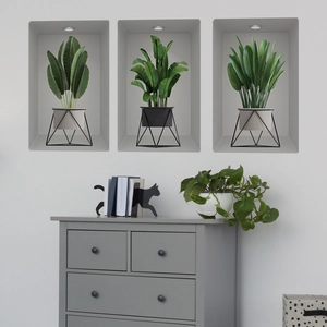 Detailed view of 3D wall stickers featuring realistic green potted plants in grey niches