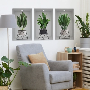 Set of 3 3D wall stickers featuring green potted plants in modern alcove design