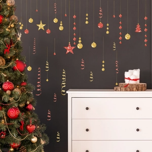 Stickers muraux de Noël avec étoiles pailletées rouges et dorées, rubans et flocons