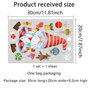 Size chart showing 30x20cm Christmas gnome window clings and packaging details