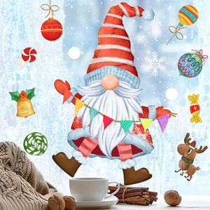 Christmas Window Stickers PVC Static Clings Santa Claus Gnome Reindeer Snowflakes For Glass Window Door Festive Decoration