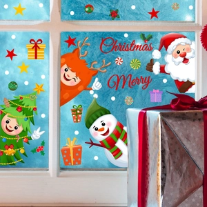 Detail of double-sided Santa and snowman static window stickers for Christmas decor