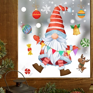 Christmas window decals with Santa gnome and reindeer for festive holiday shop display