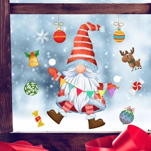 Christmas window cling detail with gnome holding bunting and reindeer on glass pane