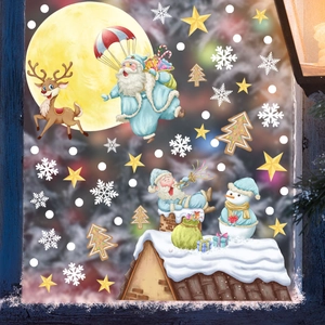 Detailed view of Christmas window clings featuring Santa, reindeer and snowman on glass