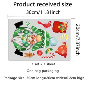 Detailed size chart for Christmas gnome window stickers with 20x30cm sheet dimensions