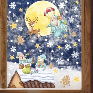 Cartoon Santa Claus, reindeer and snowman decals on glass with snowy night moon background