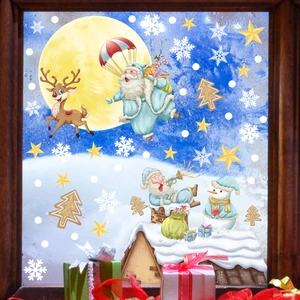 Close-up of Christmas window decals featuring Santa, reindeer and snowman on glass