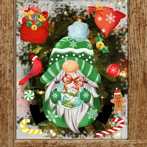 Christmas gnome window clings with cardinal bird and gingerbread man on glass background