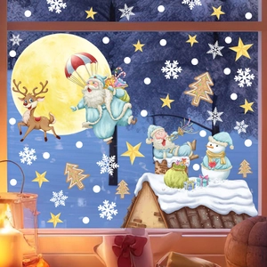 Christmas window decals with Santa Claus, reindeer, and snowflakes for glass decoration