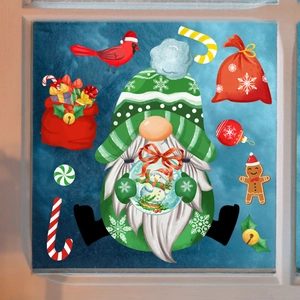 Detailed Christmas gnome window cling with candy canes and gingerbread man decals