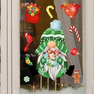 Christmas window decals set featuring festive Nordic gnomes and colorful holiday ornaments