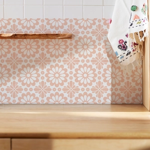Retro floral PVC wall stickers with orange daisy patterns for kitchen backsplash decor