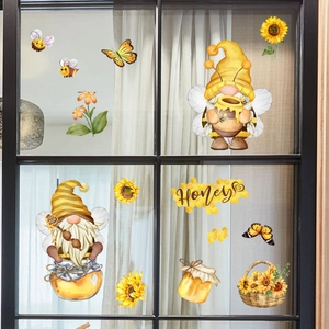 Stickers de Fenêtre Gnome Abeille Tournesol Aquarelle PVC Statiques Autocollants Décoratifs Pour Décoration de Vitres