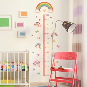 Detailed view of watercolor rainbow and butterfly height chart on a nursery wall
