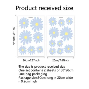 Size guide for blue daisy window decals showing two sheets of 20x30cm flower stickers