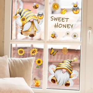 Double-sided bee and sunflower gnome window decals for glass home decoration