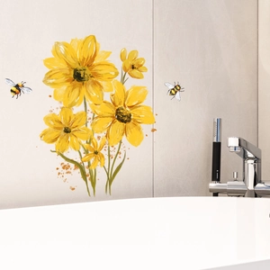 Détails de stickers muraux tournesol avec abeilles sur carrelage de salle de bain