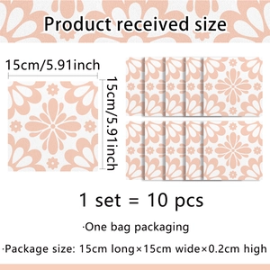 Pink floral vintage tile stickers set of 10 pieces with 15x15cm square dimensions