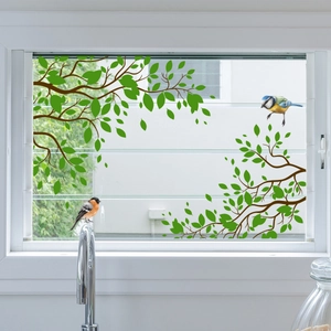 Autocollants De Fenêtre Statiques Feuilles Vertes Oiseaux Décoratifs PVC Autocollant En Verre Pour Maison Cuisine Chambre