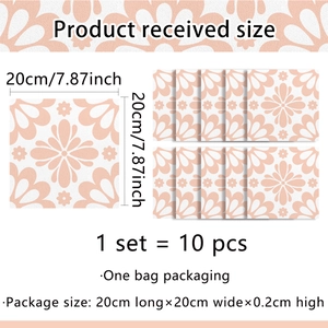 Pink floral adhesive tile stickers set of 10 pieces with 20x20cm square dimensions