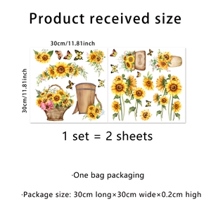 Detailed view showing two 30x30cm sunflower wall decals with butterfly and floral basket motifs