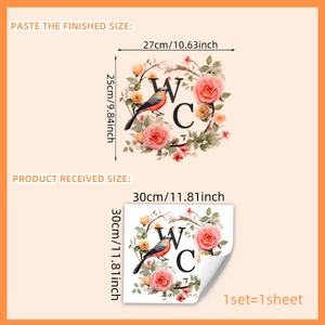 Sticker mural WC motif couronne de roses roses et oiseau pour décor de salle de bain
