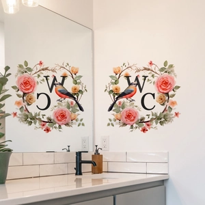 Sticker mural couronne de fleurs avec oiseau et texte WC pour déco de salle de bain