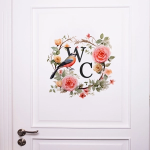 Sticker mural couronne de fleurs avec oiseau et signe WC pour porte de toilette