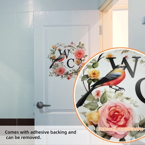 Sticker de porte WC avec couronne de fleurs, oiseau coloré et design en vinyle autocollant