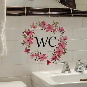 Sticker de porte WC floral avec fleurs aquarelles roses et feuilles vertes