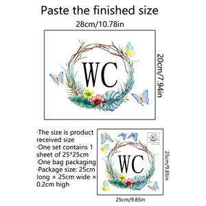 Dimensions détaillées pour sticker mural WC motif floral avec oiseaux et papillons