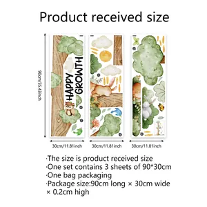 Detailed size chart for height growth wall stickers showing dimensions of 90x30cm per sheet