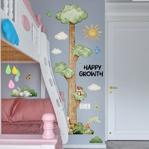 Cartoon animal growth chart wall sticker for kids bedroom featuring a tree height ruler