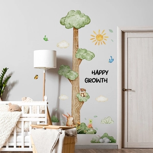 Cartoon watercolor tree height chart for kids with animals and Happy Growth wall sticker