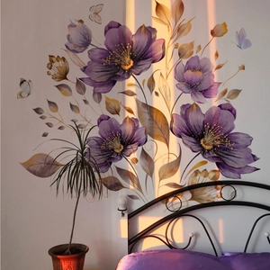 Purple Watercolor Flower Butterfly Wall Stickers PVC Self Adhesive Art Decal For Bedroom Living Room Background Decoration